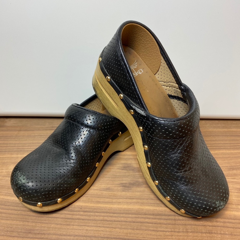 Black Perforated Dansko Clogs with Gold Studs!